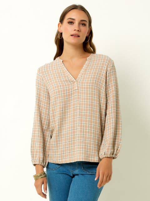 V-Neck Plaid Peasant Top