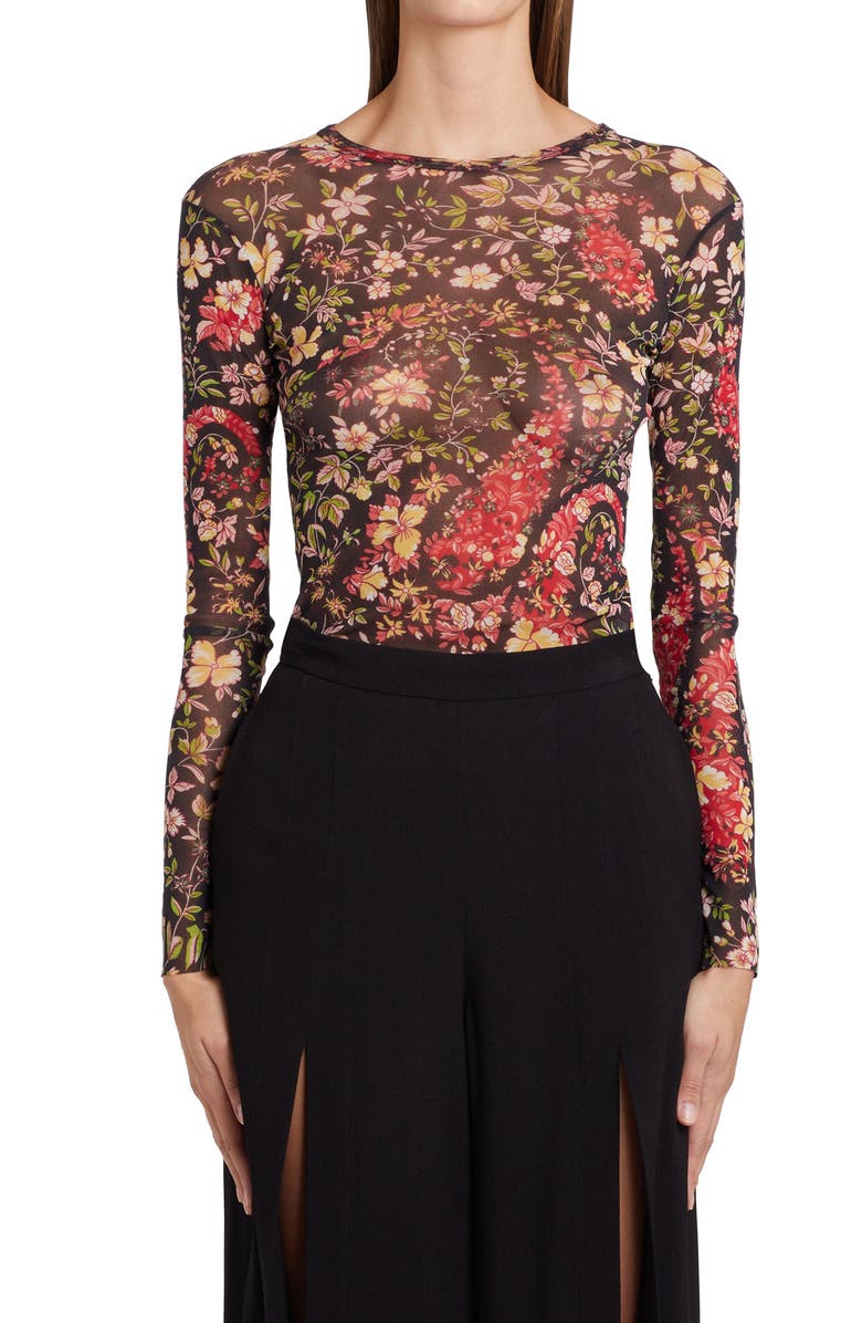 Etro Women's Maglia Solar Floral Paisley Print Mesh Top, Main, color, Black