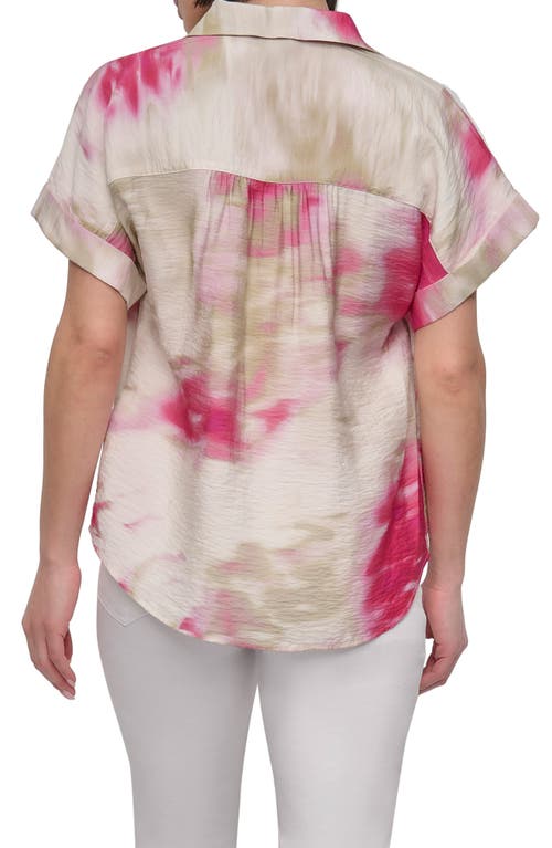 Dkny Abstract Print Textured Short Sleeve Button-up Shirt In Pink