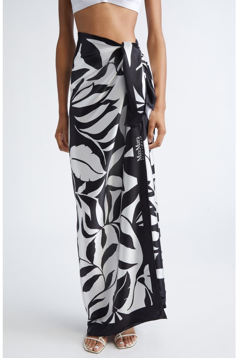Beachwear Foam Print Silk Sarong, Main, color, BLACK