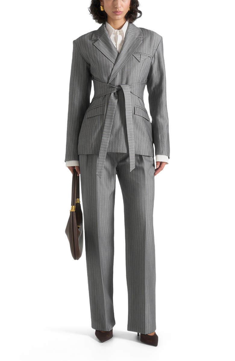 Manière De Voir Delphine Pinstripe Wrap Tie Blazer, Alternate, color, Grey