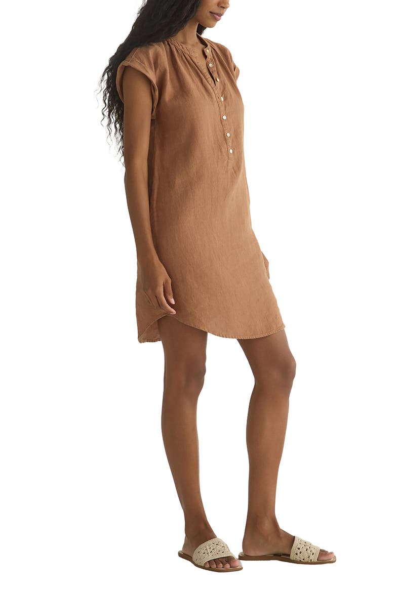 Cap Sleeve Linen Henley Minidress, Alternate, color, COASTAL BROWN