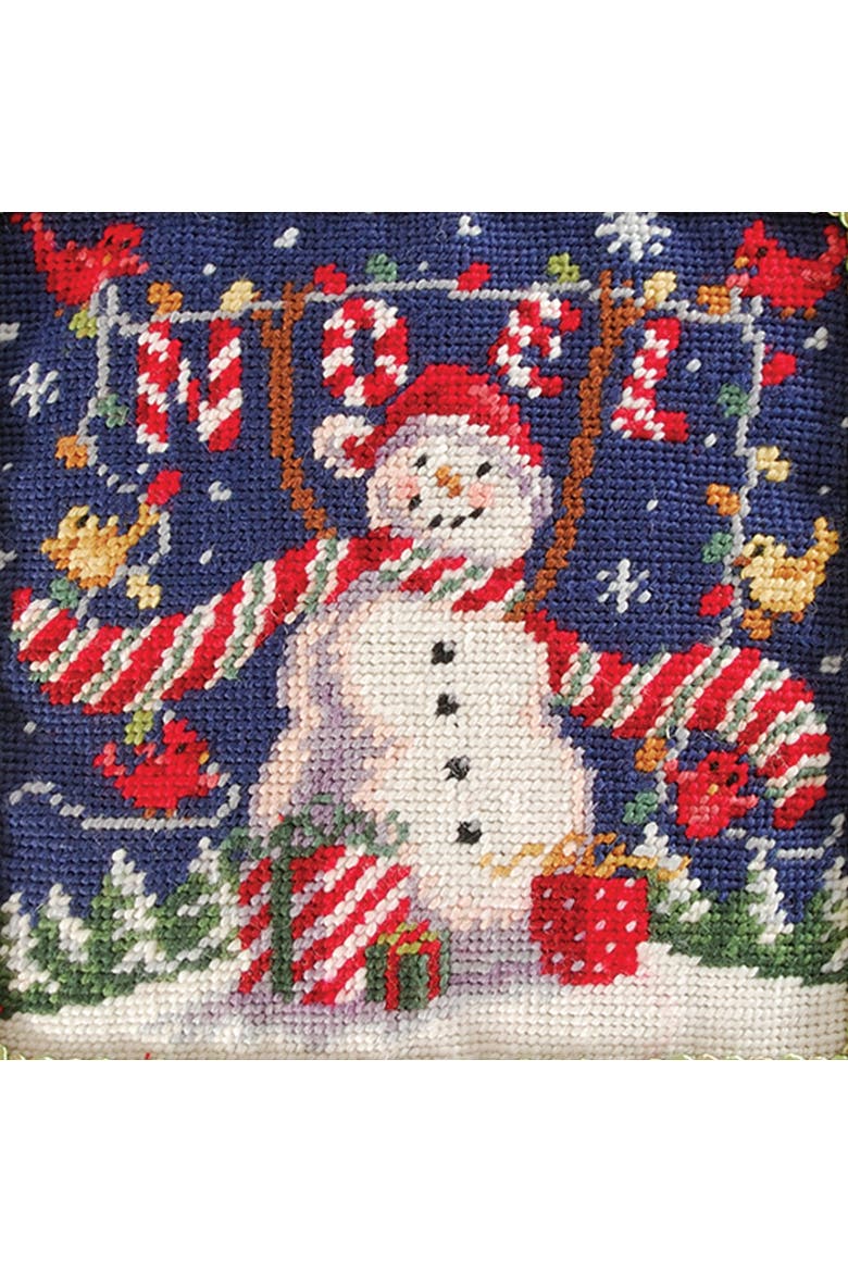 Noel Snowman Needlepoint Pillow, 18" x 18", Alternate, color, Blue