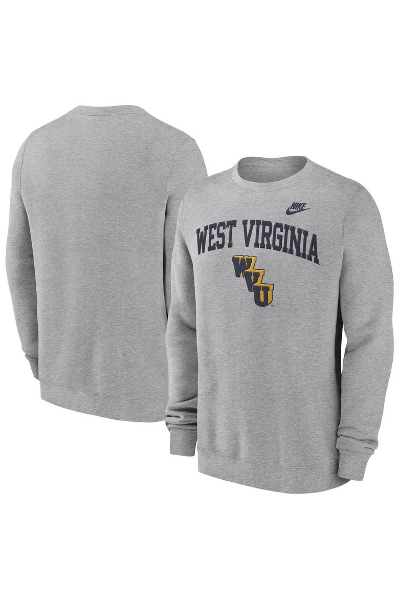 Men's Nike Heather Gray West Virginia Mountaineers Legacy Classic Tackle Twill Embroidered Arch Over Logo Pullover Sweatshirt, Main, color, Heather Gray
