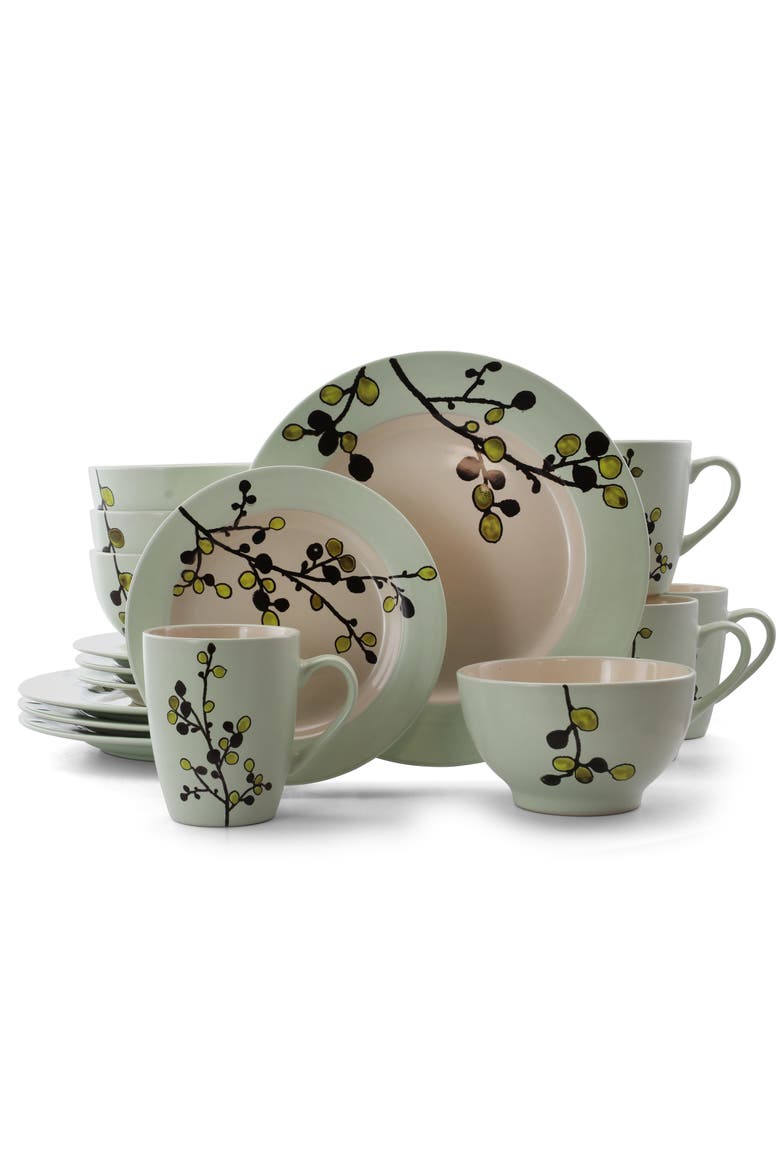 Retro Bloom 16 Piece Luxurious Stoneware Dinnerware, Main, color, Green
