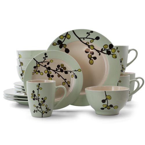 Elama Retro Bloom 16 Piece Luxurious Stoneware Dinnerware With Complete Setting For 4 In Green