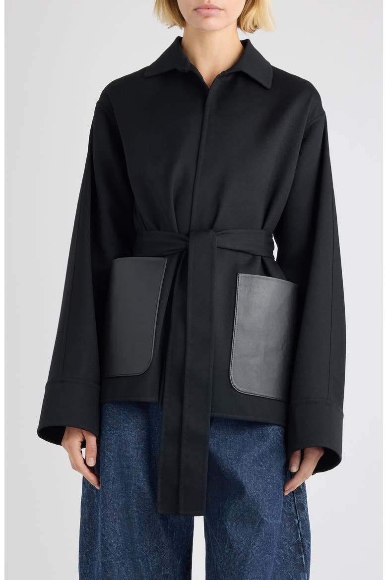 Leather Pocket Virgin Wool Wrap Jacket, Main, color, NOIR ALAIA