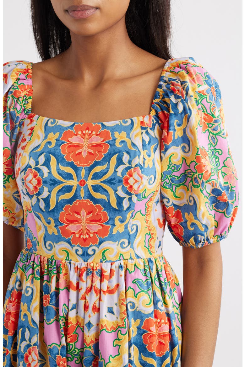 Print Square Neck Puff Sleeve Midi Dress, Alternate, color, BLUE MULTI