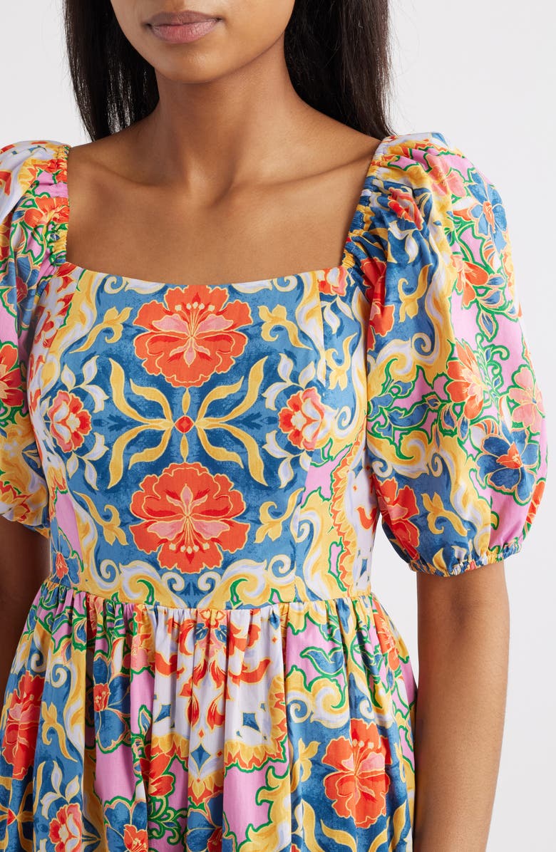 Vince Camuto Print Square Neck Puff Sleeve Midi Dress, Alternate, color, Blue Multi