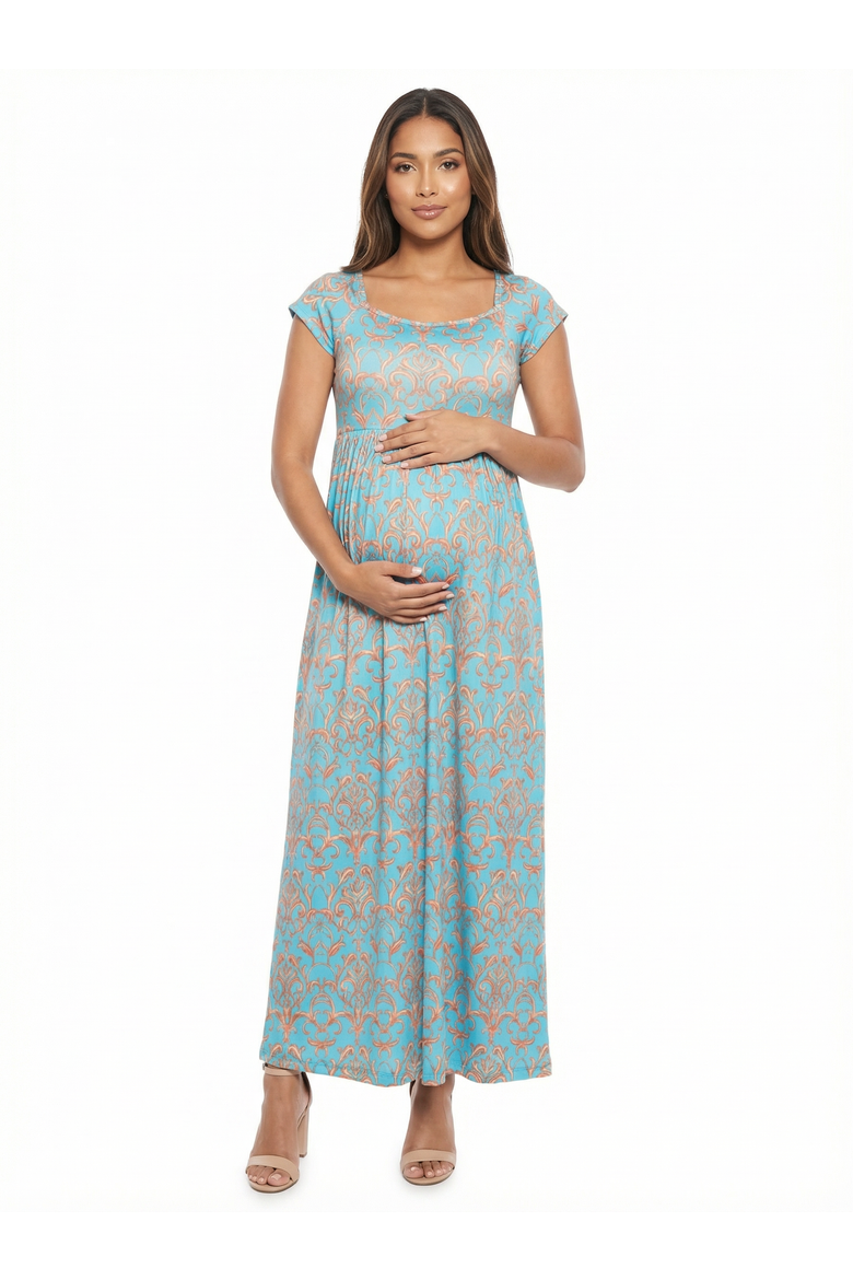 Maternity Abstract Square Neck Cap Sleeve Pleated A-Line Maxi Dress, Main, color, Blue Multi