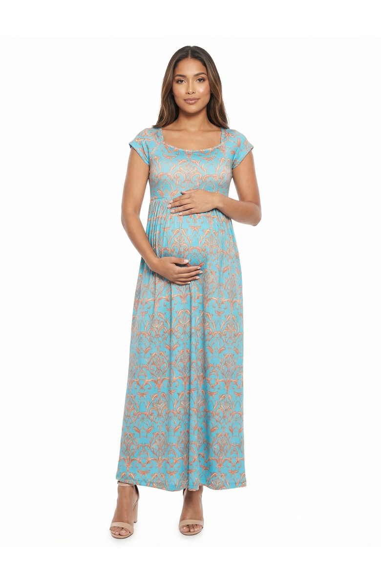 24seven Comfort Apparel Maternity Abstract Square Neck Cap Sleeve Pleated A-Line Maxi Dress, Main, color, Blue Multi