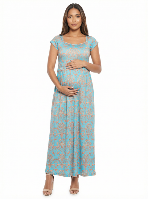 Maternity Abstract Square Neck Cap Sleeve Pleated A-Line Maxi Dress