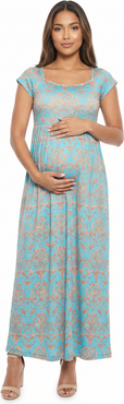 24seven Comfort Apparel Maternity Abstract Square Neck Cap Sleeve Pleated A-Line Maxi Dress
