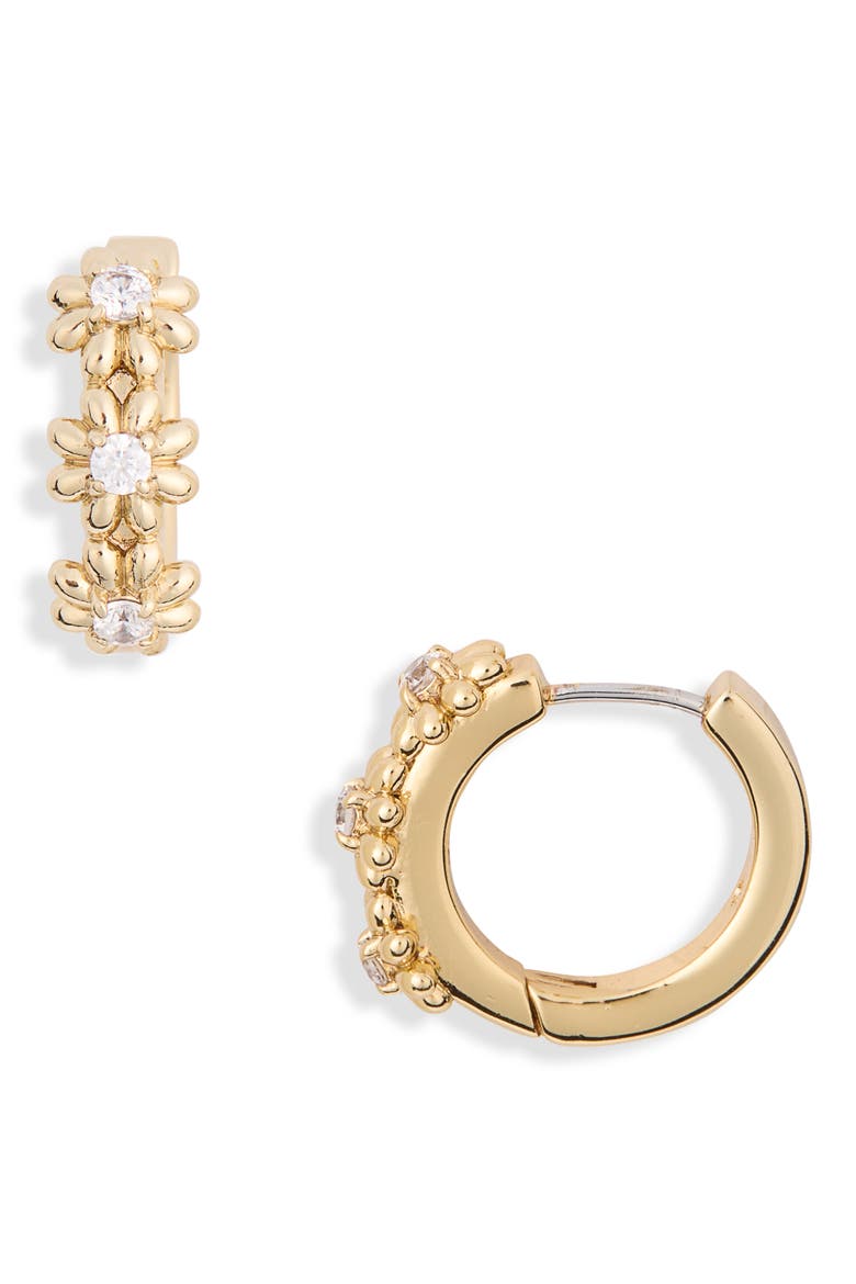 flower cubic zirconia huggie hoop earrings, Alternate, color, CLEAR / GOLD