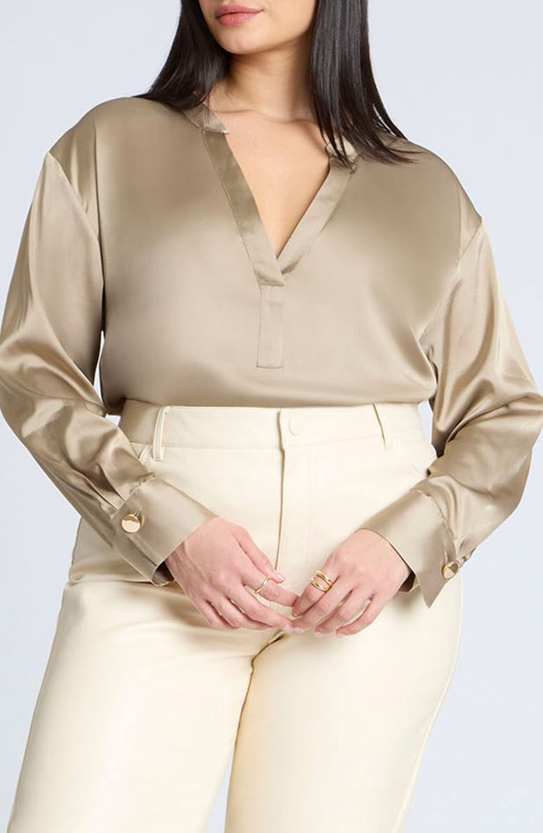 ELOQUII Band Collar Long Sleeve Satin Top, Main, color, 