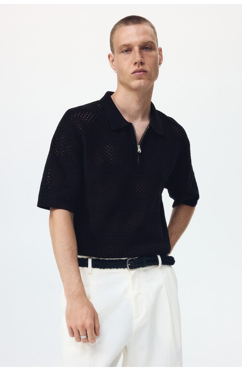 H&M Relaxed Fit Hole-knit Polo Shirt, Alternate, color, Black