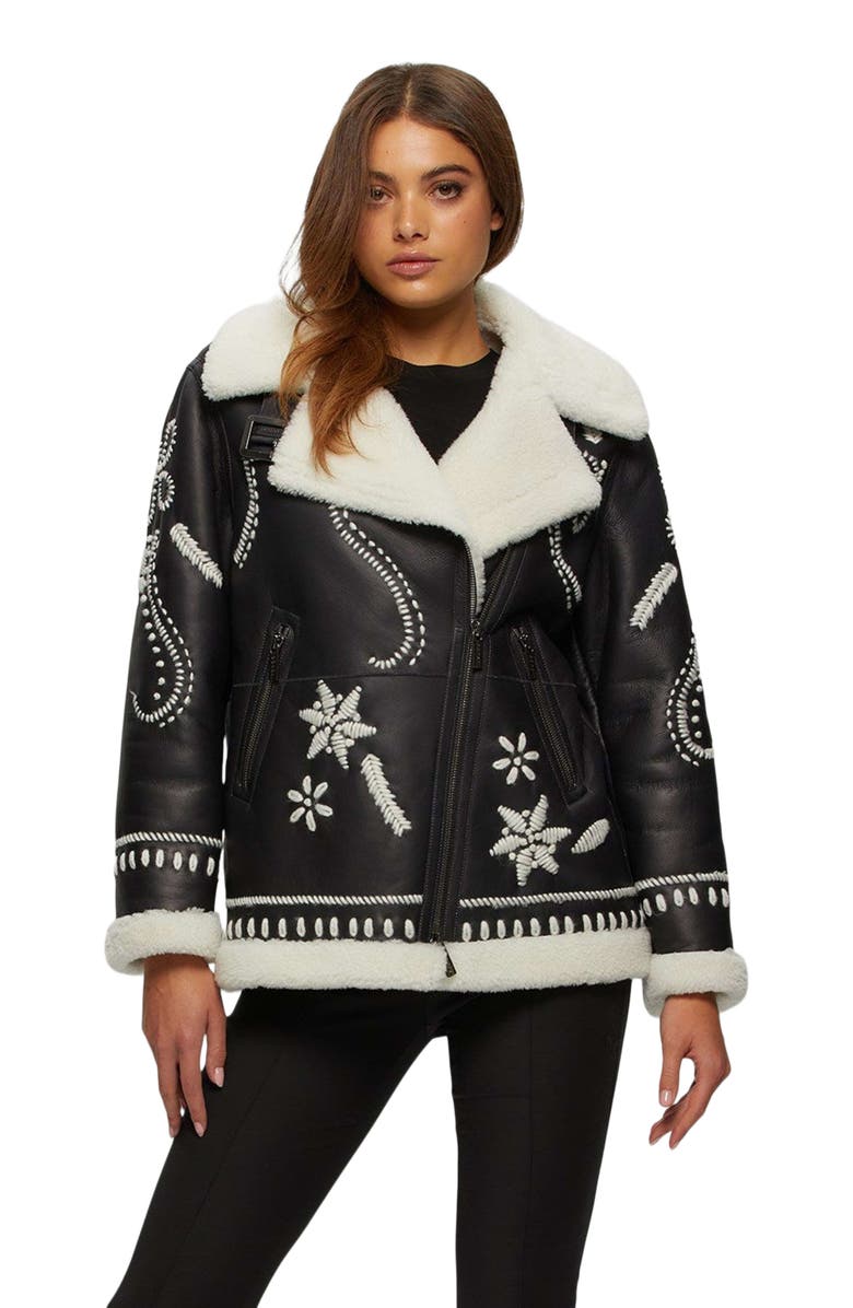GORSKI Genuine Shearling Jacket With Embroidery, Main, color, Black/White