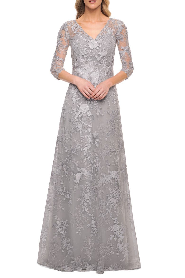 Floral Embroidered A-Line Gown, Main, color, SILVER