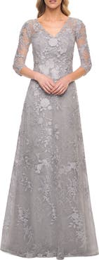 La Femme Floral Embroidered A-Line Gown