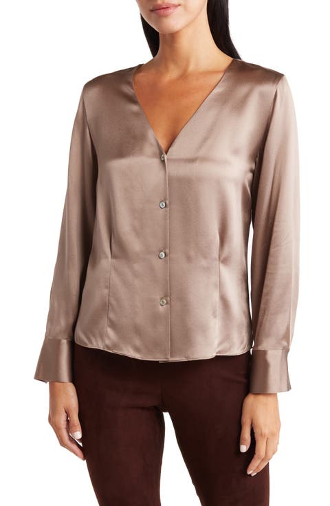 Long Sleeve V-Neck Silk Blouse