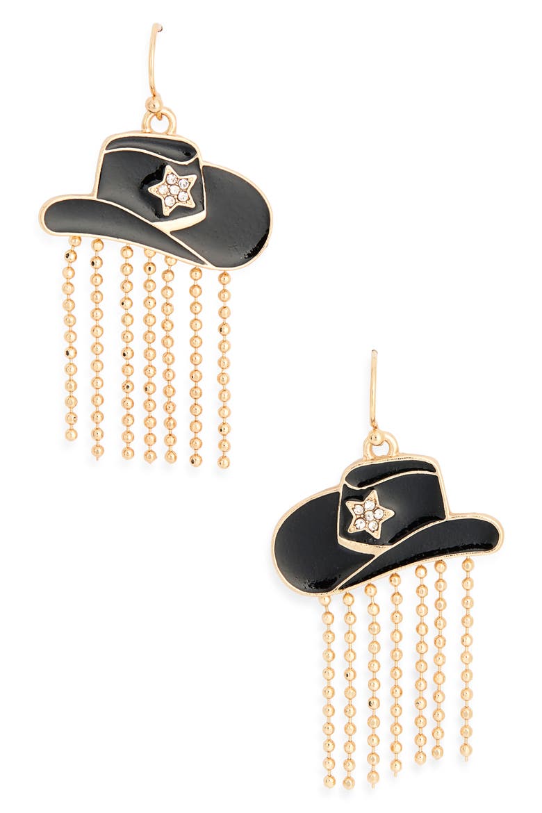 Cowboy Hat Fringe Drop Earrings, Main, color, BLACK- GOLD