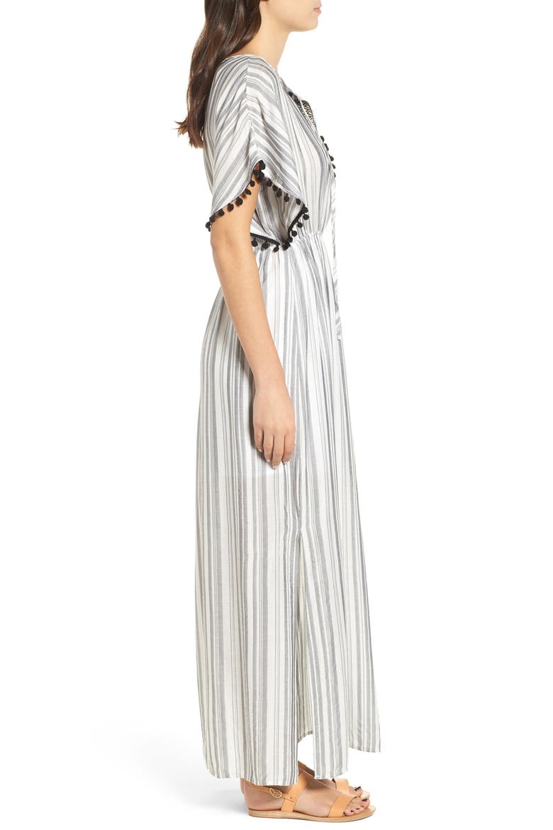 Stripe Pompom Trim Caftan, Alternate, color, IVORY BLACK