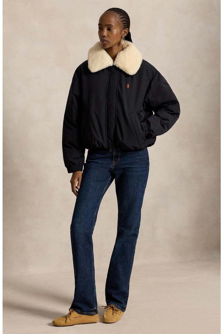 Down Puffer Jacket with Faux Shearling Collar, Alternate, color, BLACK