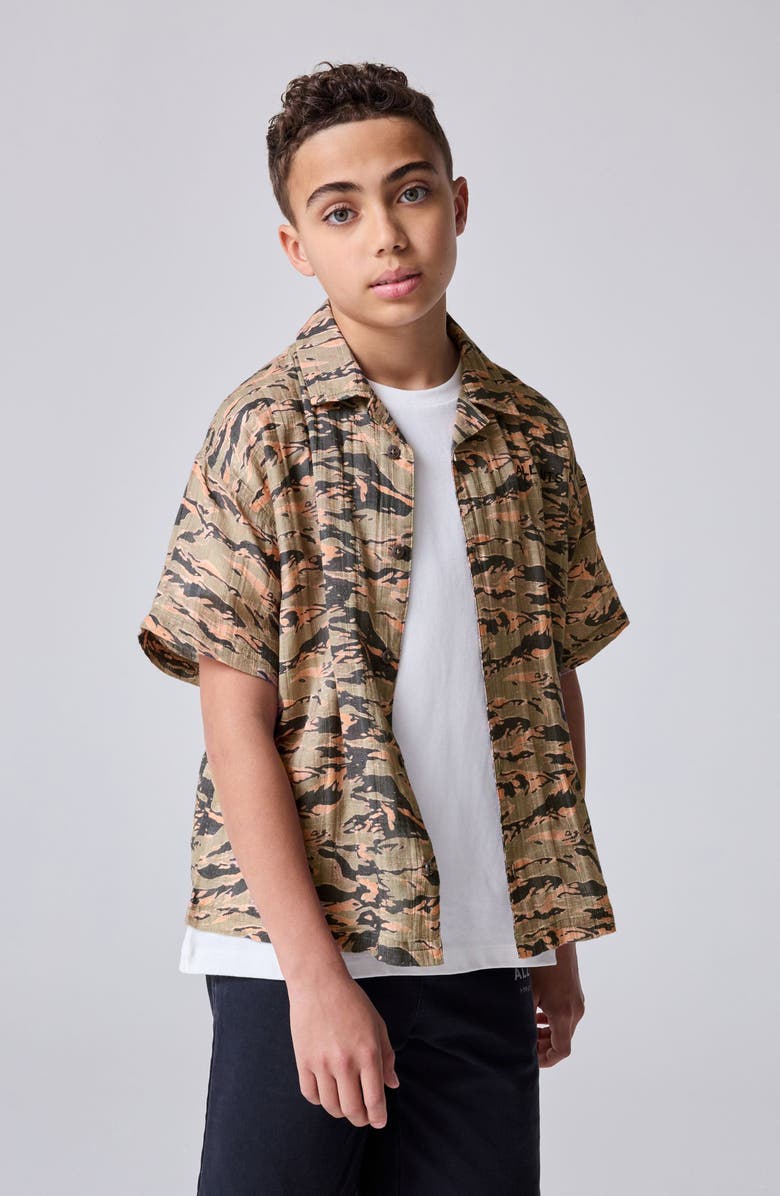 smALLSAINTS by ALLSAINTS Kids' Camo Print Cotton Camp Shirt, Alternate, color, Green