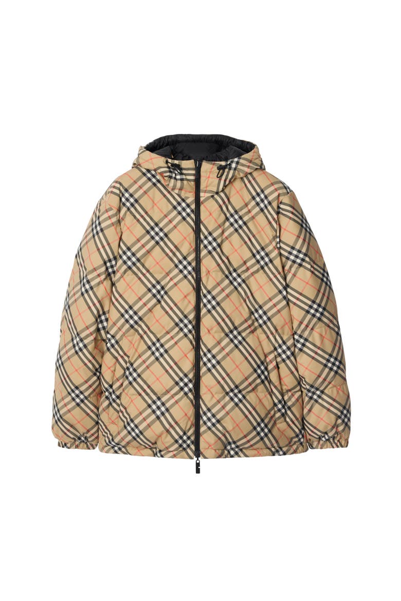 Reversible Check Hooded Puffer Jacket, Alternate, color, Sand beige