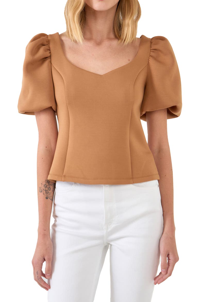 Scuba Knit Puff Sleeve Top, Alternate, color, TAN