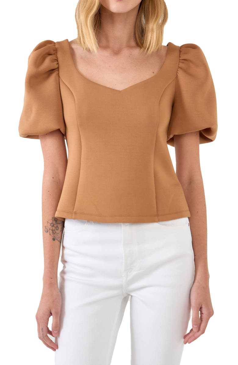 English Factory Scuba Knit Puff Sleeve Top, Alternate, color, Tan