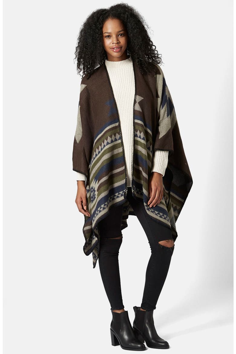 Geo Print Poncho, Alternate, color, BROWN