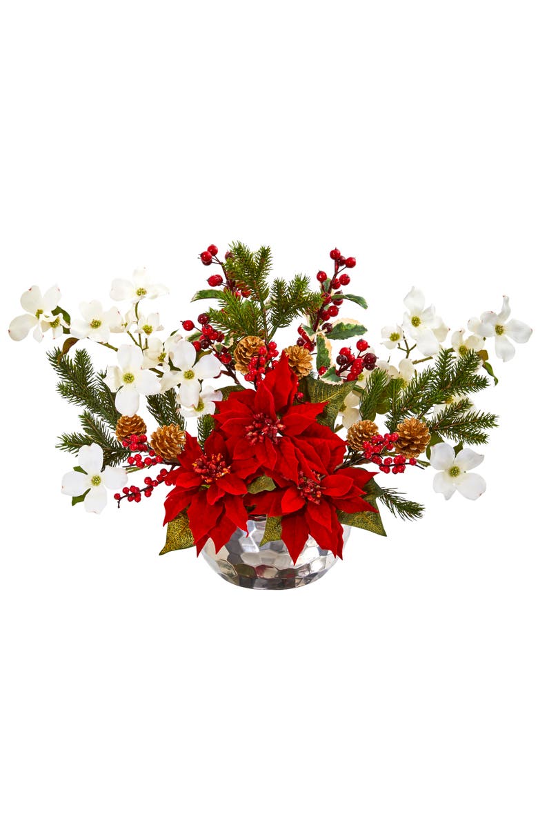 NEARLY NATURAL Poinsettia, Dogwood, Berry and Pine Artificial Arrangement in Silver Vase, Main, color, 