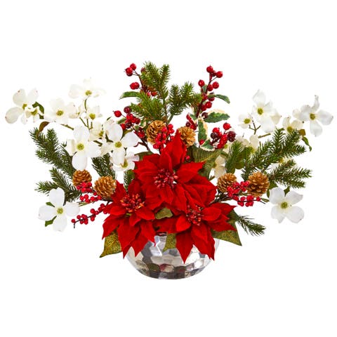 Poinsettia, Dogwood, Berry and Pine Artificial Arrangement in Silver Vase