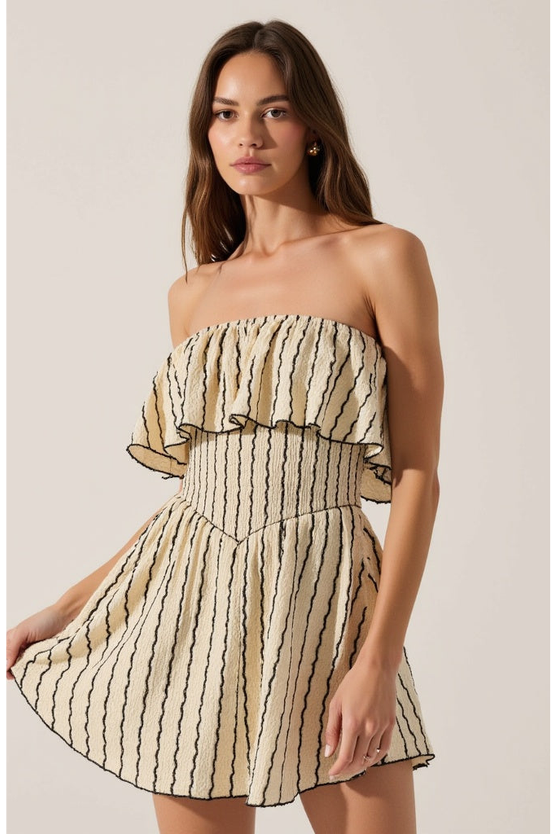 Textured Strapless Mini Dress with Ruffled Bodice and Fitted Waist, Alternate, color, Beige / Black