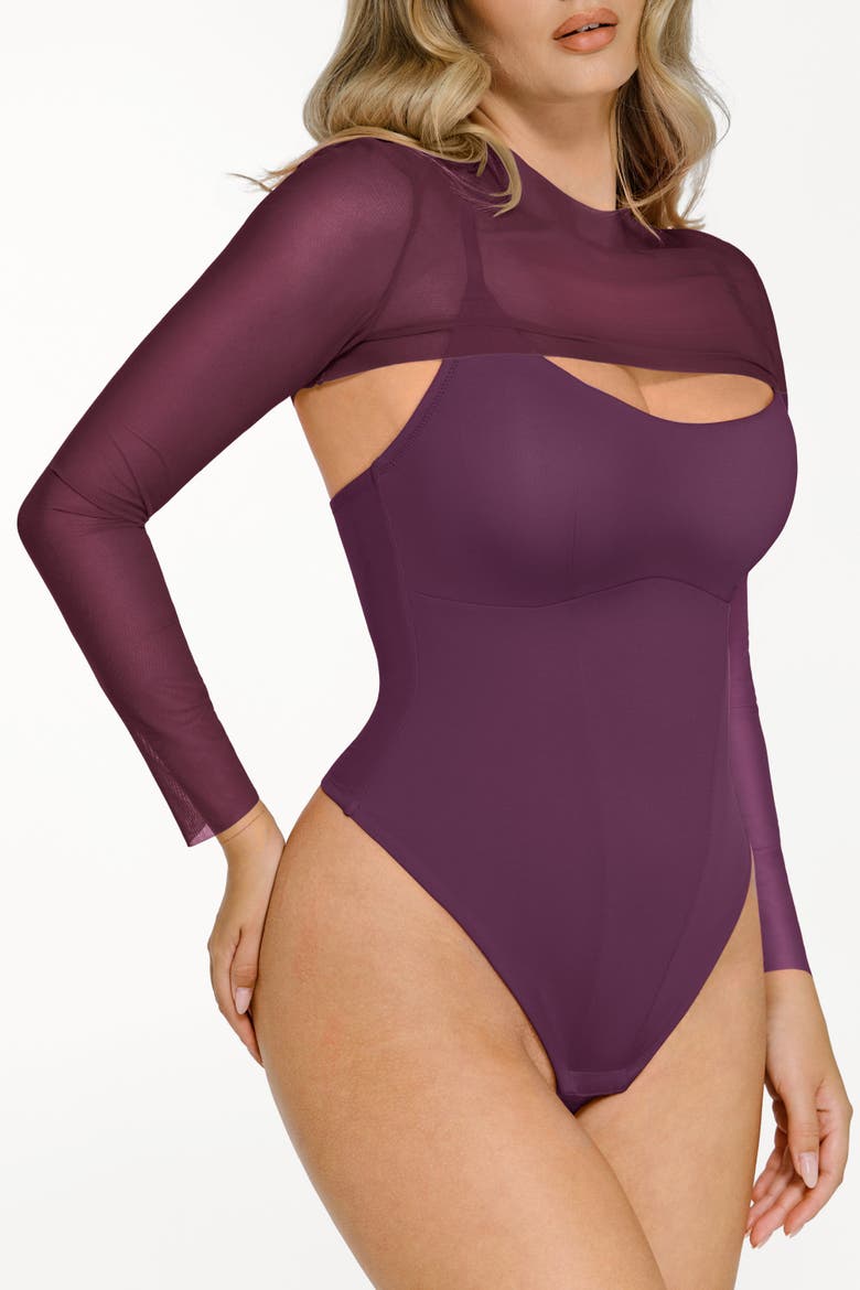 Sheer Shapewear Mesh Cutout Corset Bodysuit 2-Piece Set, Alternate, color, Plum