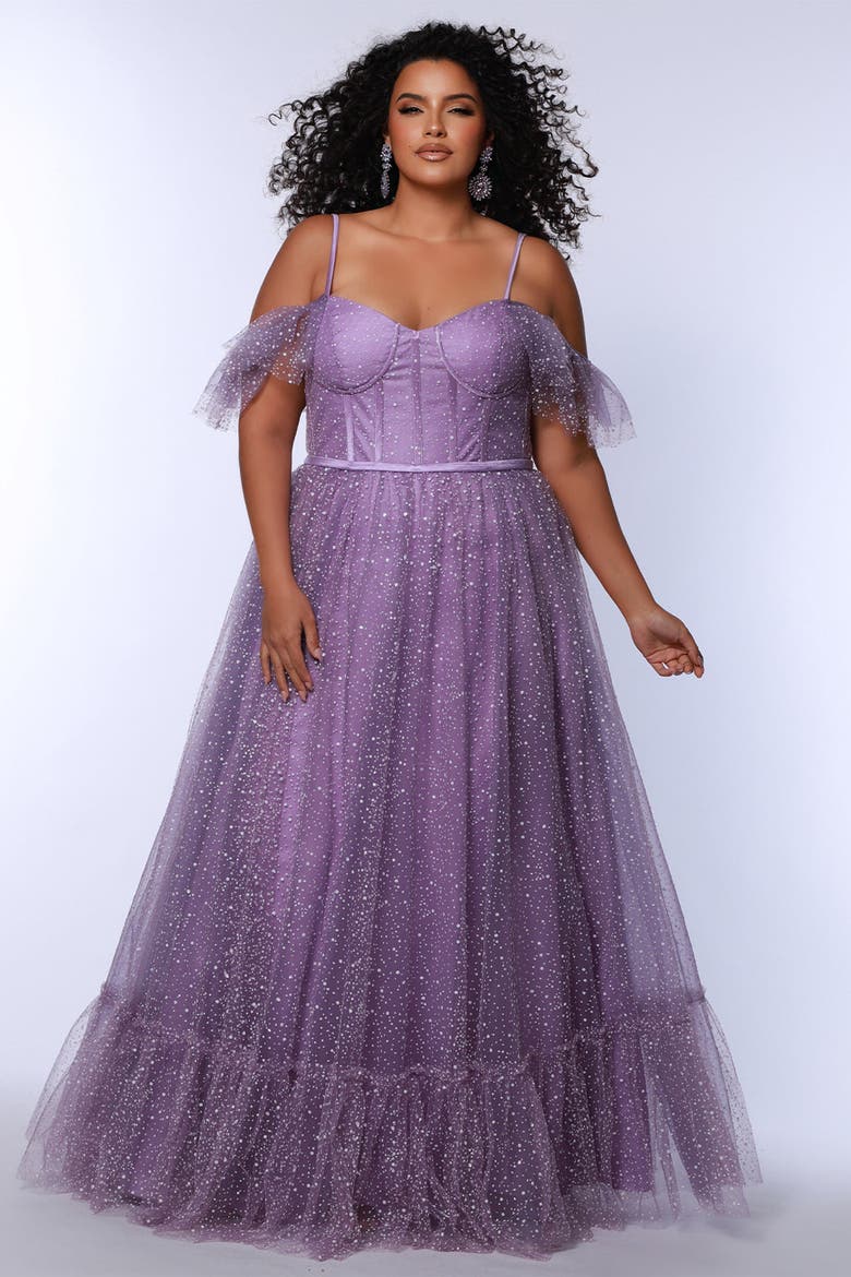 V-Neckline Flutter Sleeve Slim A-line Plus Size Gown, Alternate, color, Lavender