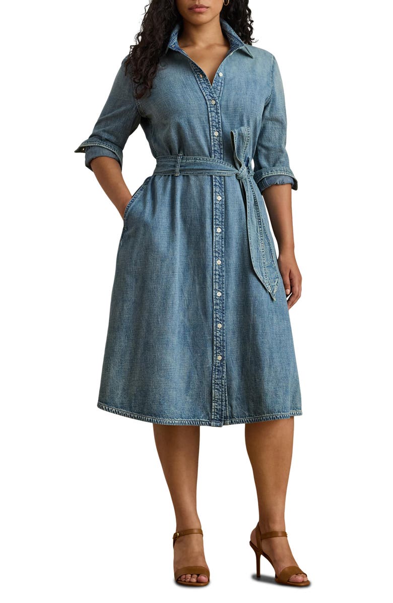 Lauren Ralph Lauren Belted Long Sleeve Denim Shirtdress, Main, color, Odwin Wash