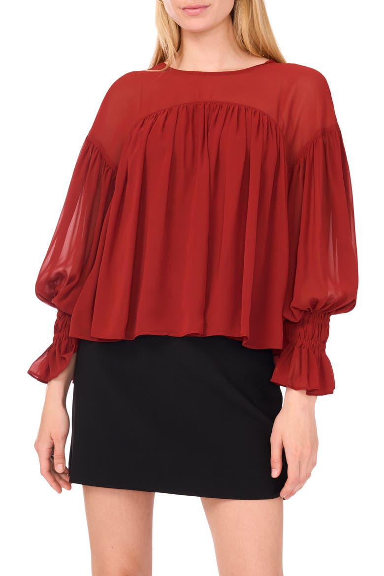 Long Sleeve Sheer Panel Blouse, Main, color, DARK MAHOGANY