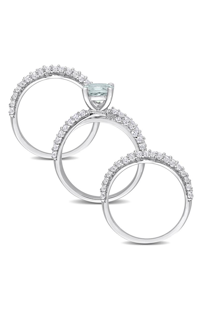 DELMAR Aquamarine & Lab Grown White Sapphire Wedding Bands & Engagement Ring Set, Alternate, color, Blue