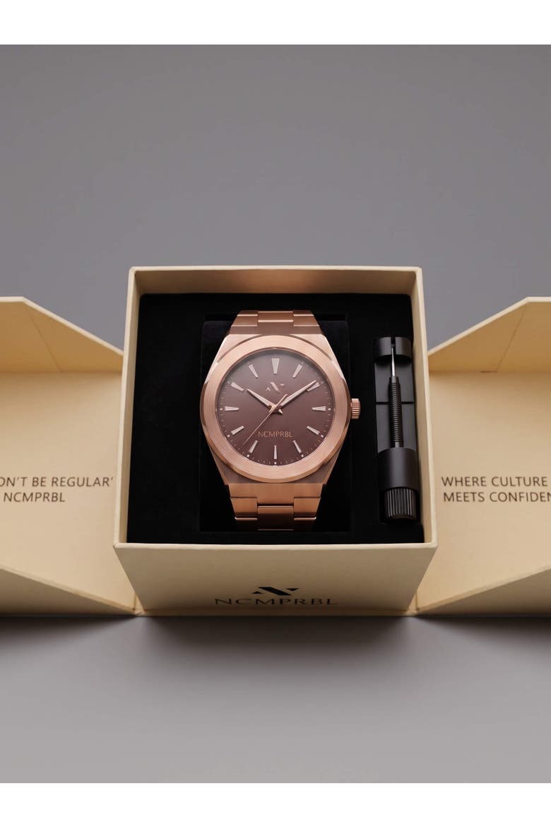 Elevate Link Mocha Swiss Quartz Bracelet Watch, 42MM, Alternate, color, Muted Rose Gold/Mocha