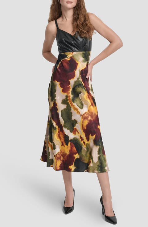 Faux Leather Mixed Media Midi Dress