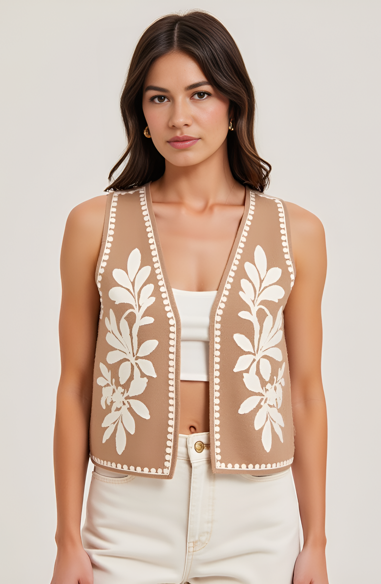 Modenaire Sleeveless Open-Front Embroidered Vest with Floral Detailing, Alternate, color, Tan / White Embroidery