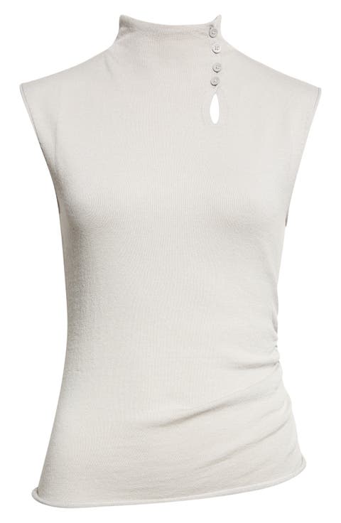 Asymmetric Button Mock Neck Sleeveless Top