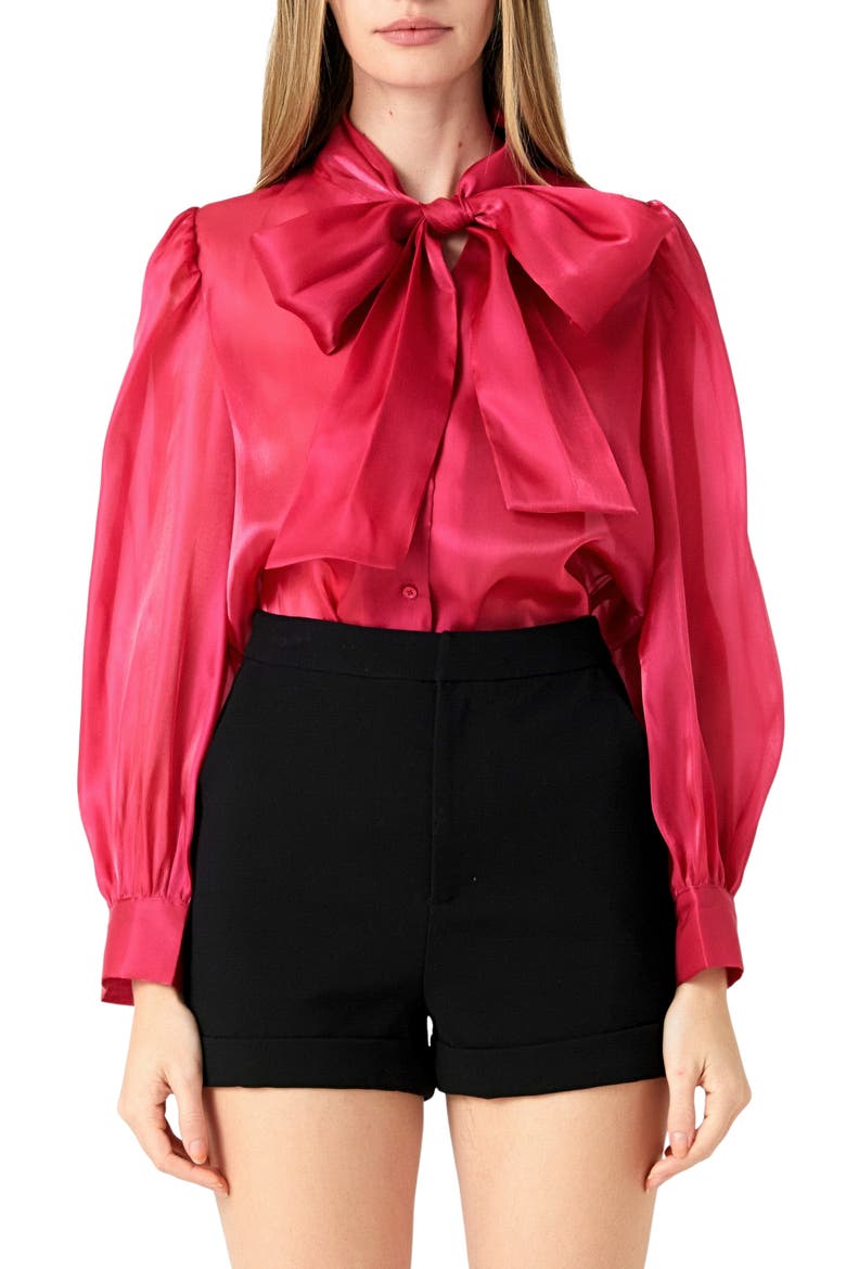 Organza Bow Tie Shirt, Main, color, FUCHSIA