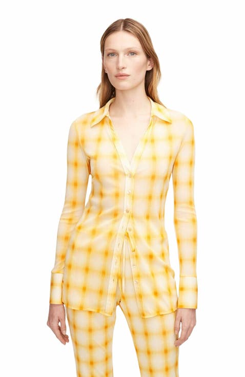 Ombre Plaid Mesh Button Down Shirt