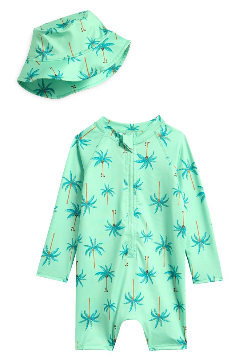Long Sleeve One-Piece Rashguard Swimsuit & Hat Set, Main, color, PALMS