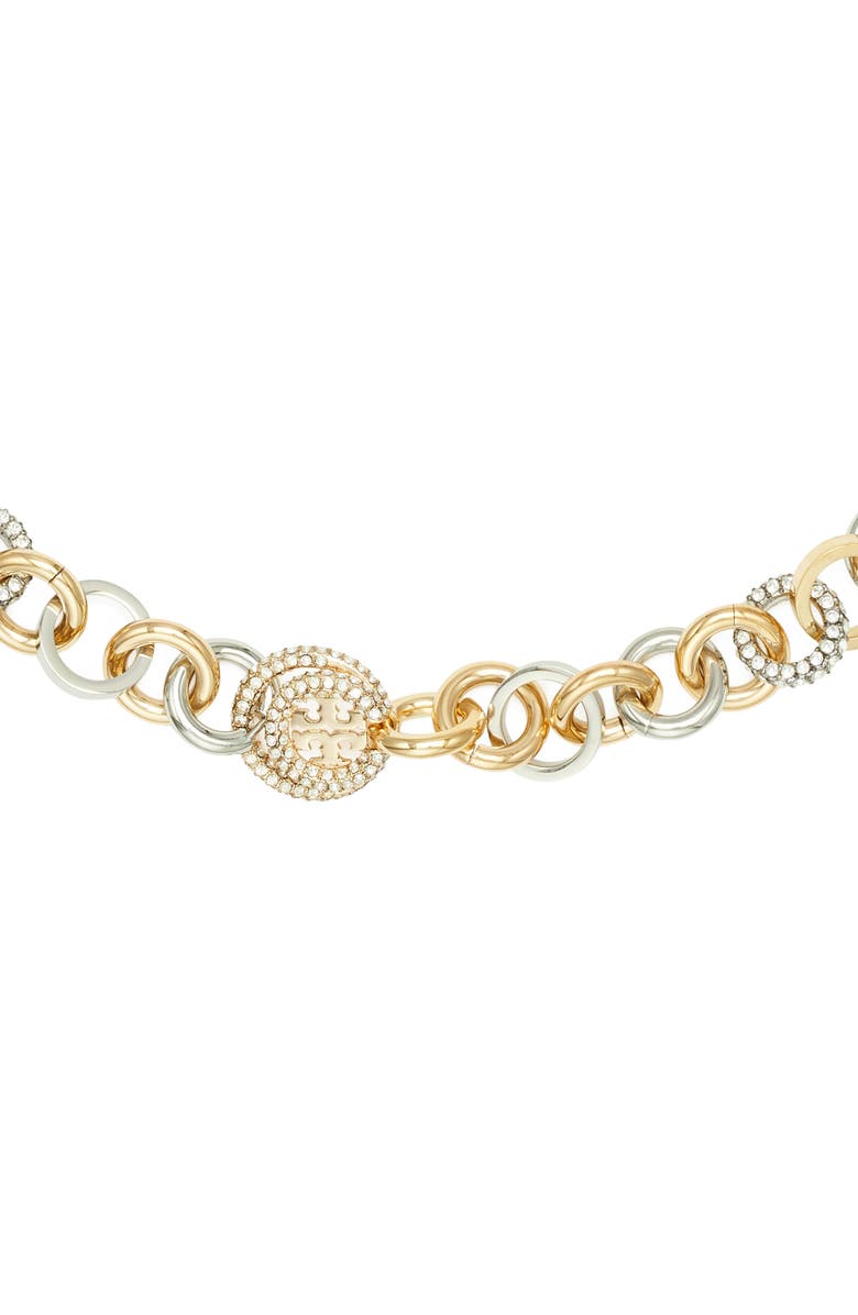 Tory Burch Icon Mixed Pavé Chain Necklace, Alternate, color, Tory Gold / Silver / Crystal