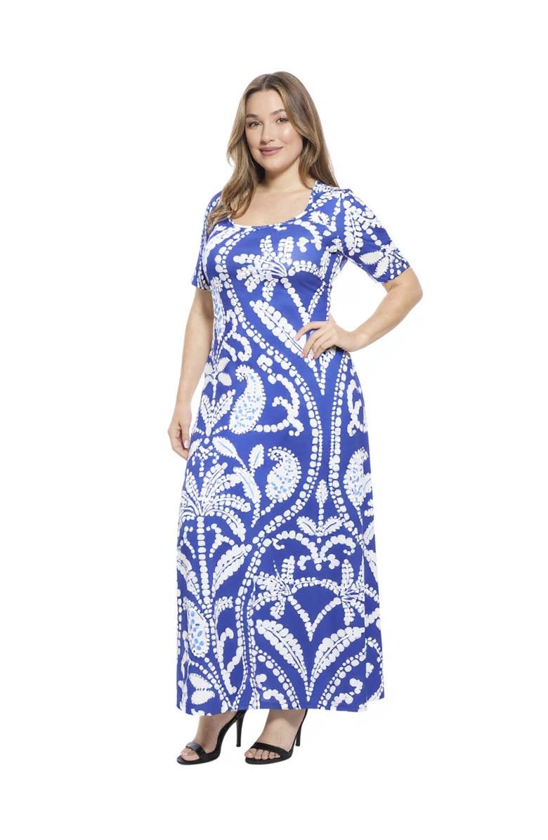 24seven Comfort Apparel Curvy Essential Paisley Scoop Neck Elbow Sleeve A-Line Maxi Dress, Alternate, color, Blue Multi
