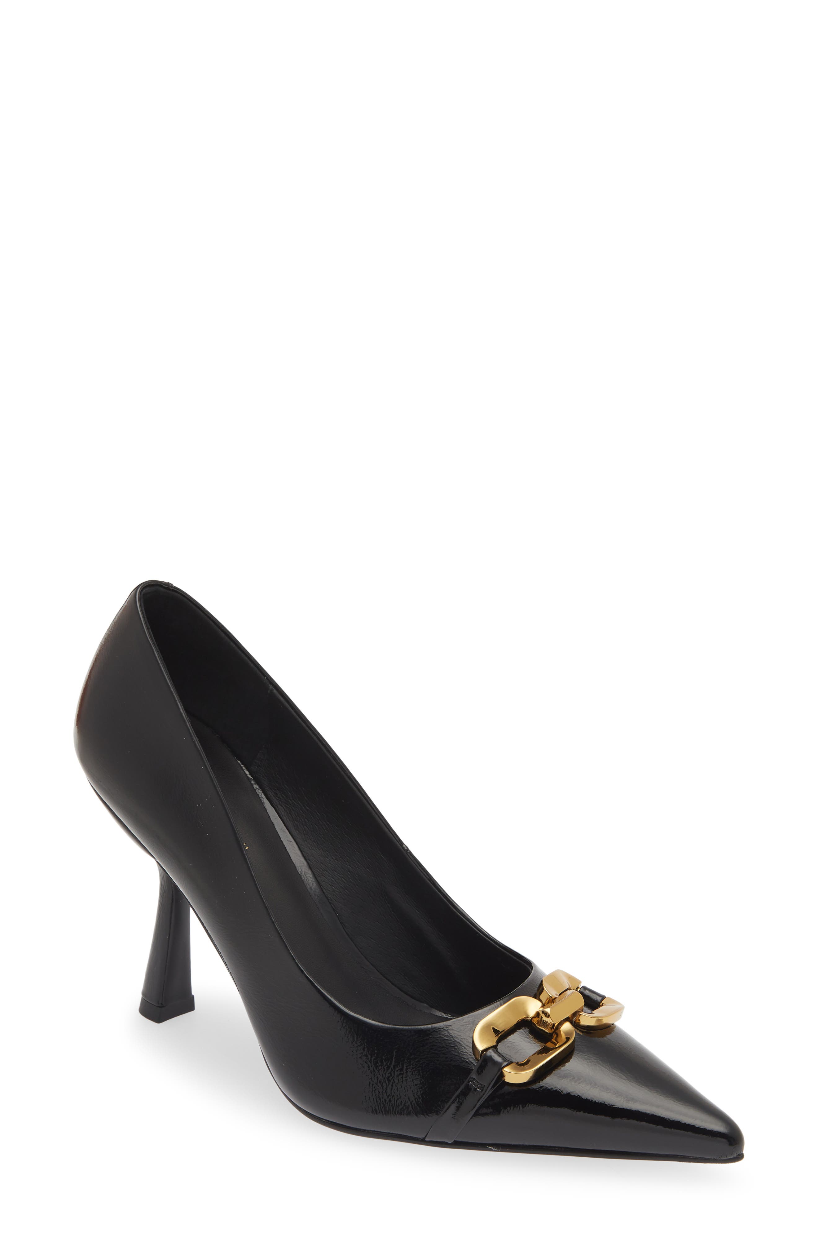 Jeffrey Campbell Authority Pointed Toe Pump, Main, color, Black Crinkle Patent/ Gold